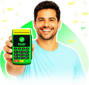 homem mostrando boa máquina de cartão